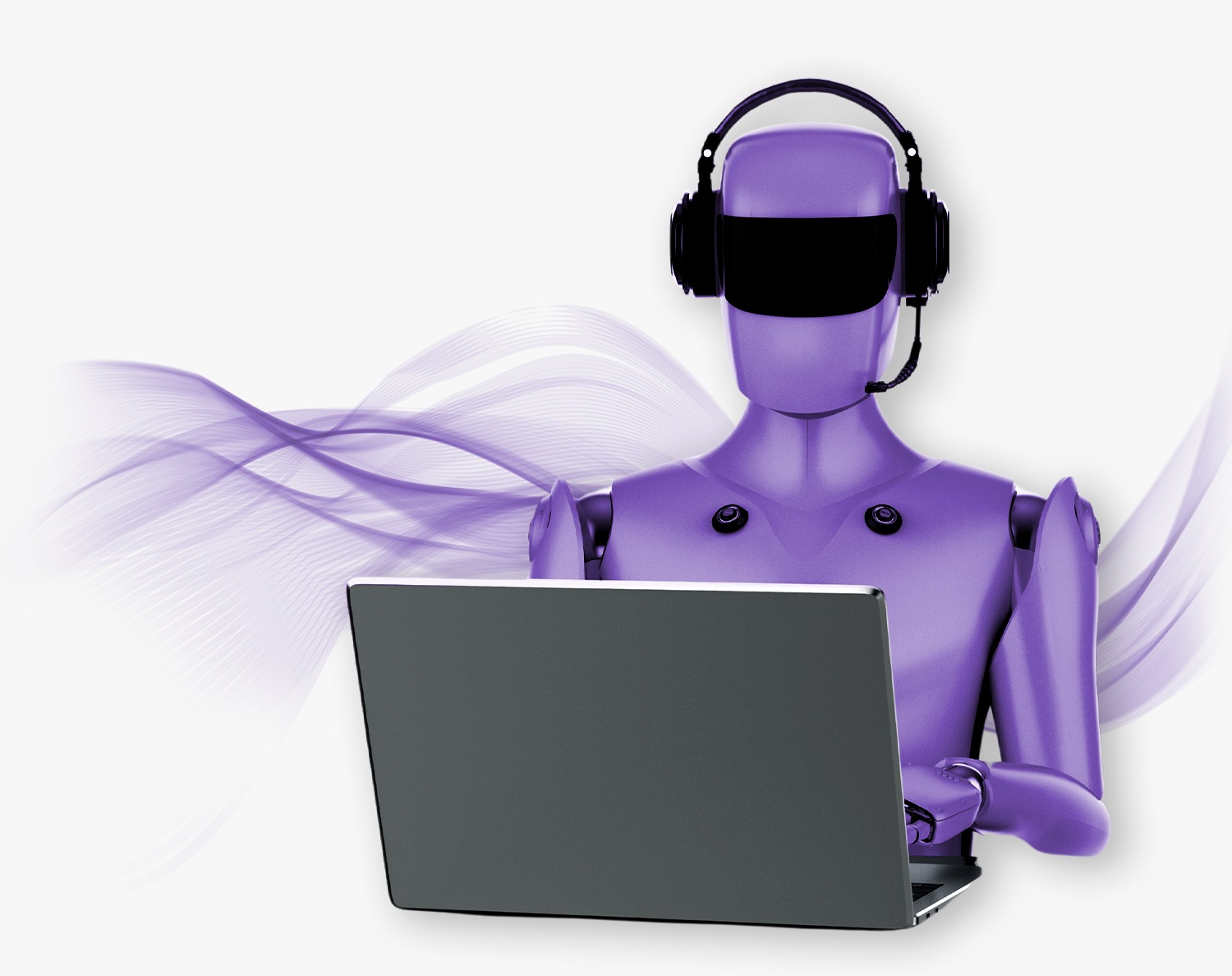 A robot working as an agent, wearing a headphones and working in front of a laptop